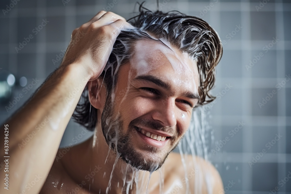 Naklejka premium Handsome young man applying shampoo on his hair, preparing for a wash