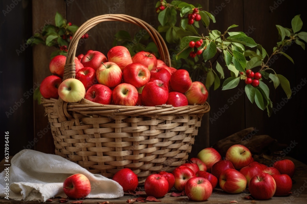 basket filled with freshly picked apples basket filled with freshly picked apples