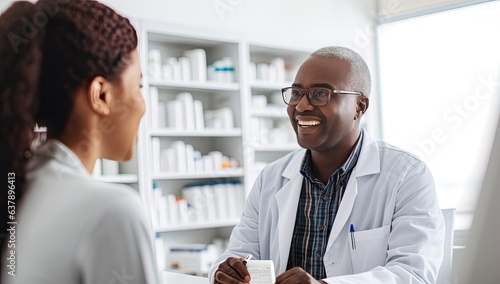 smiling african american doctor in white coat and eyeglasses talking with female patient