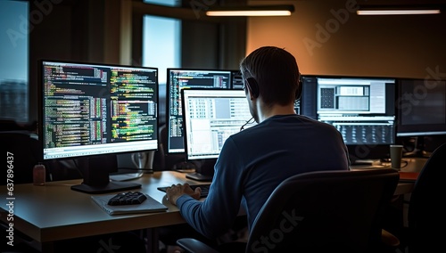 Rear view of a man working on multiple computer screens in dark office
