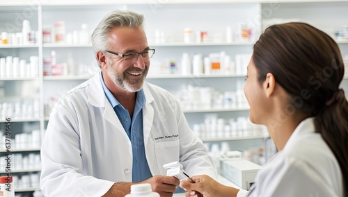 Smiling pharmacist showing medication to a customer in a drugstore