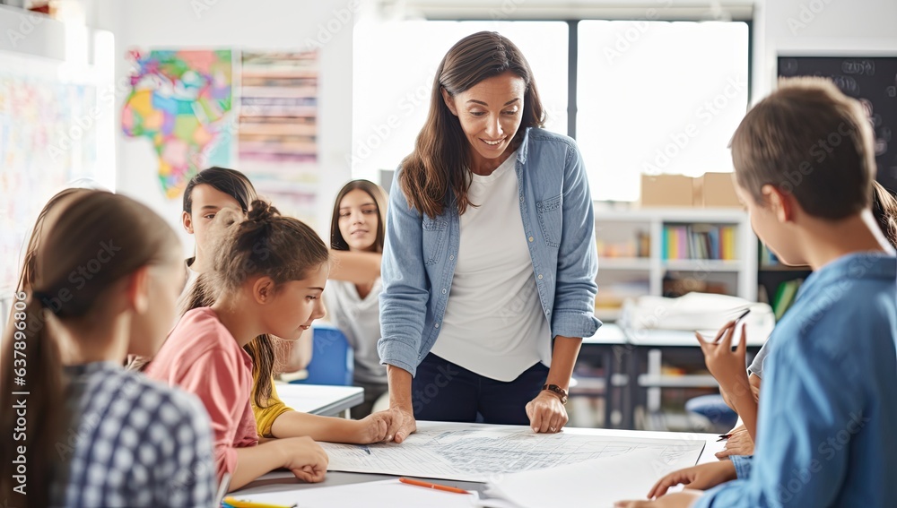 Teacher helping pupils in classroom at elementary school. Elementary school education concept Teacher helping pupils in classroom at elementary school. Elementary school education concept