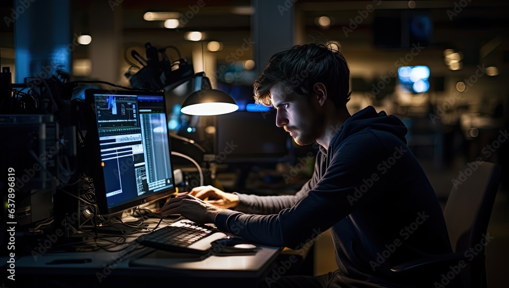 Young man working on a computer at night in a dark office. Young man working on a computer at night in a dark office.