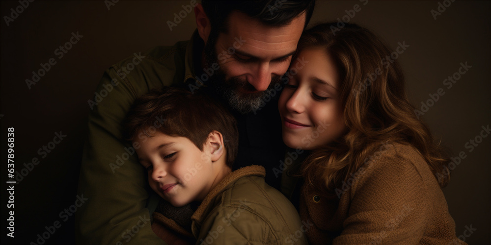 A child hugging his parents_on his birthday. Generative AI A child hugging his parents_on his birthday. Generative AI