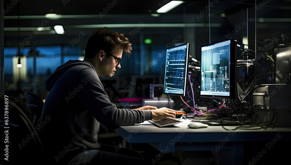 Programmer working on a computer late at night in a dark office Programmer working on a computer late at night in a dark office