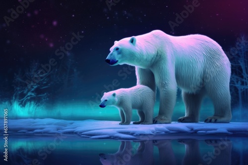 polar bear mother and cub with northern lights in the background