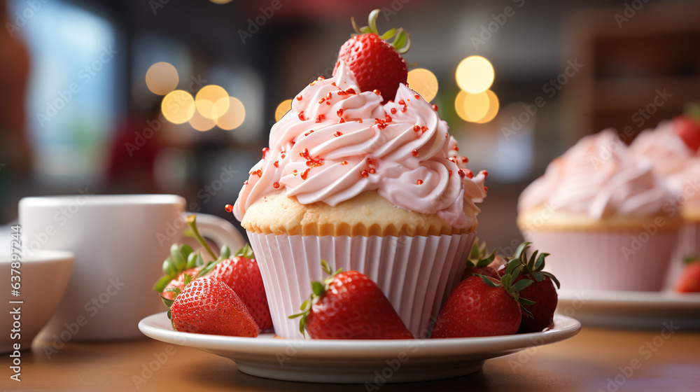 Strawberry cream cupcakes in a gorgeous cafe a food photo Strawberry cream cupcakes in a gorgeous cafe a food photo