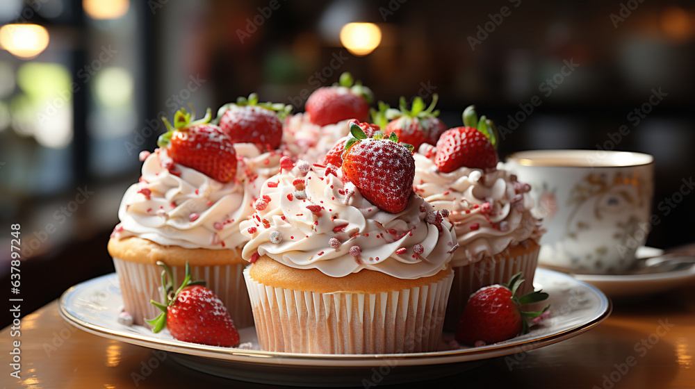 Strawberry cream cupcakes in a gorgeous cafe a food photo Strawberry cream cupcakes in a gorgeous cafe a food photo
