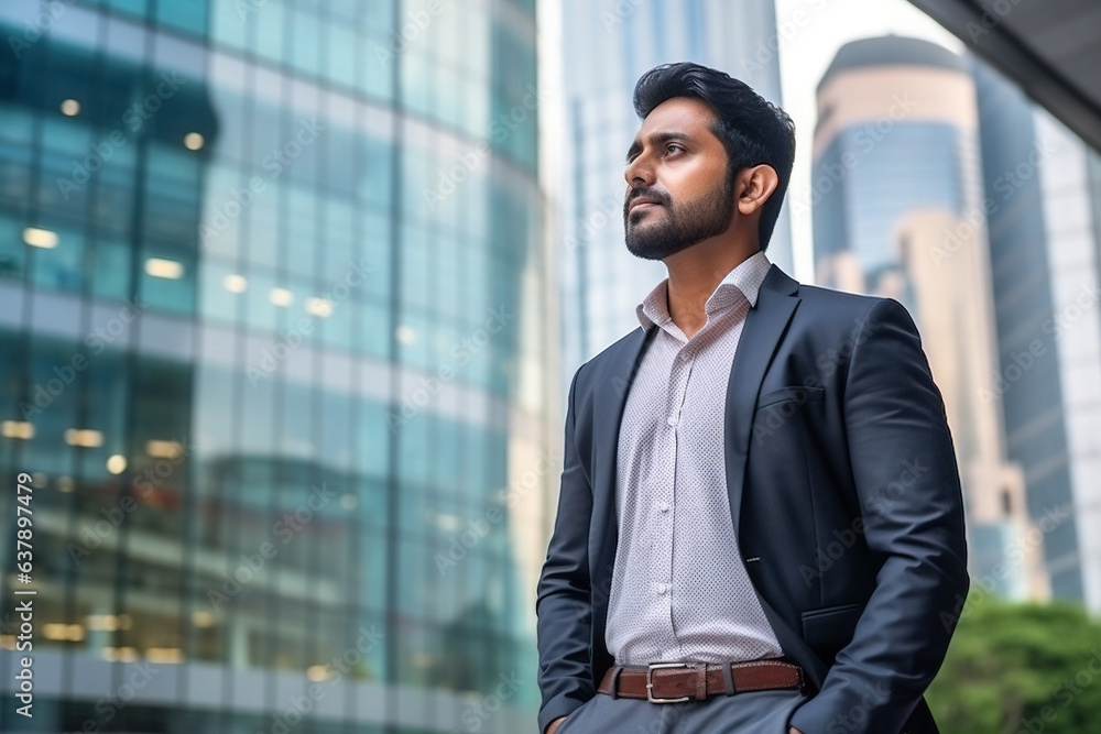 Confident rich eastern indian business man executive standing in modern big city looking and dreaming of future business success