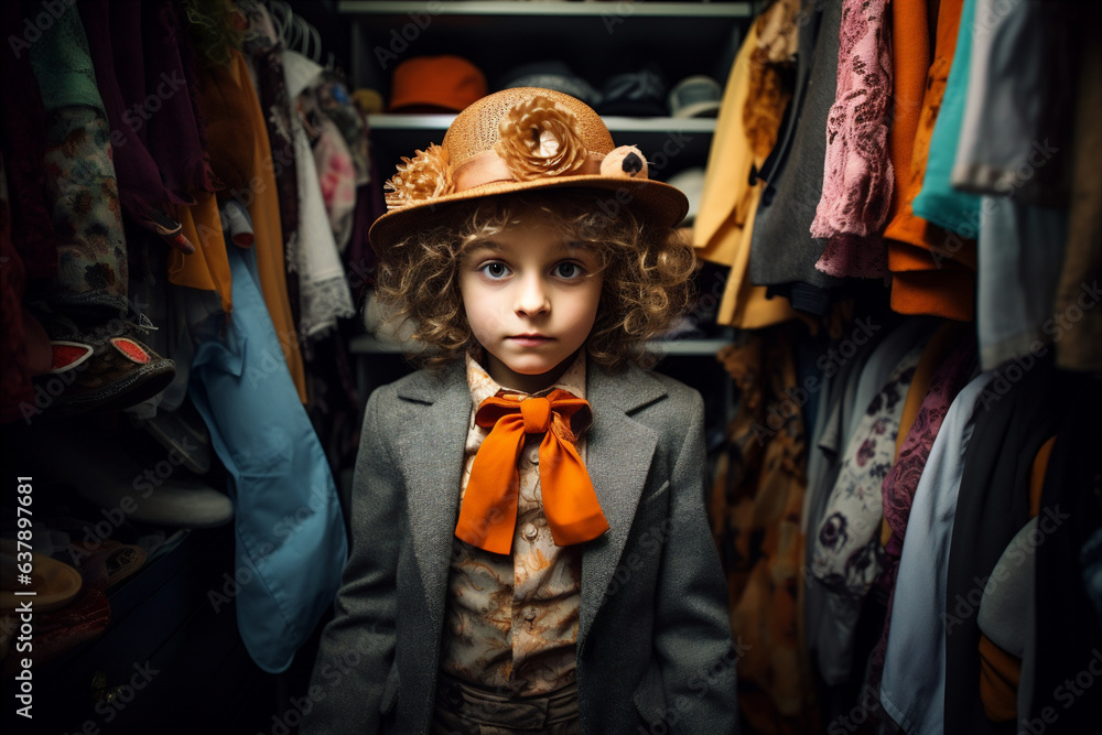 A child playing dress-up in their parents closet.  