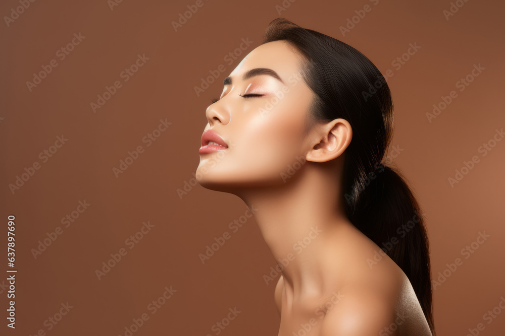 Beautiful sensual sexy young Asian ethnic woman model posing profile side face touching chin on brown background Beautiful sensual sexy young Asian ethnic woman model posing profile side face touching chin on brown background