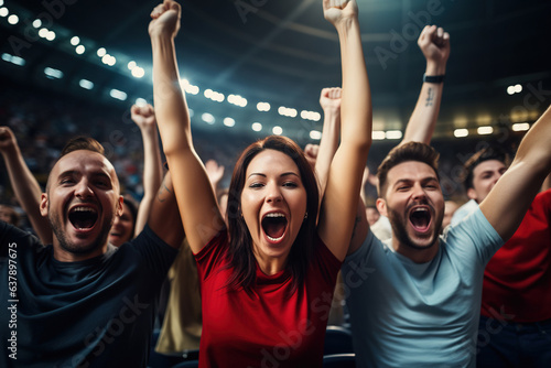 Crowd of sports fans cheering during a match in a stadium - people excited cheering for their favorite sports team to win the game © AI_images