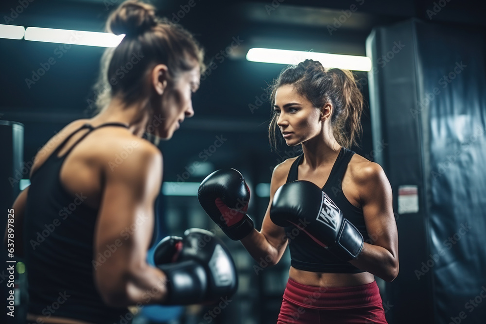 Female boxer training with a coach in a gym - obrazy, fototapety, plakaty 