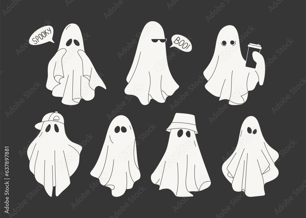 Halloween ghosts. Cute spooky cloth monsters trick or treat characters, abstract doodle scary silhouettes. Vector isolated set Halloween ghosts. Cute spooky cloth monsters trick or treat characters, abstract doodle scary silhouettes. Vector isolated set