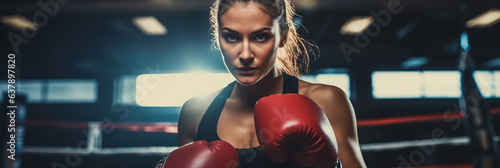 Female boxer punching focus pads in a boxing ring © AI_images