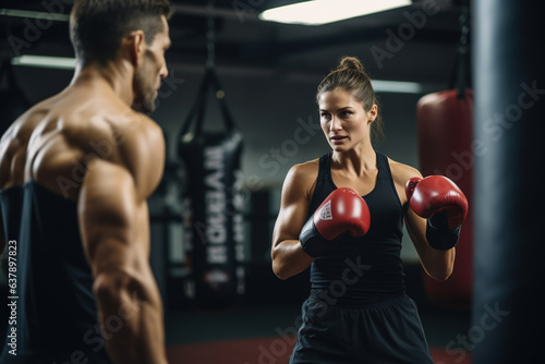 Female boxer training with a coach in a gym © AI_images