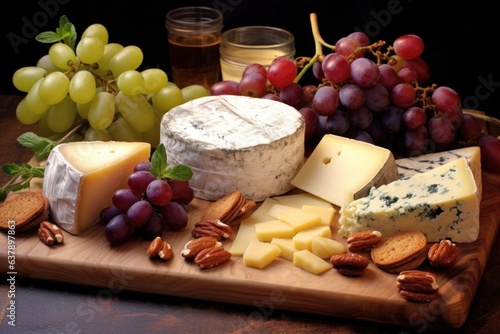 close-up of various cheeses and grapes on a wooden board