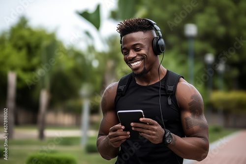 Happy fit sporty young black man sitting in workout park