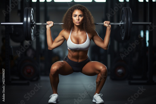 Fit woman exercising back squats with weights