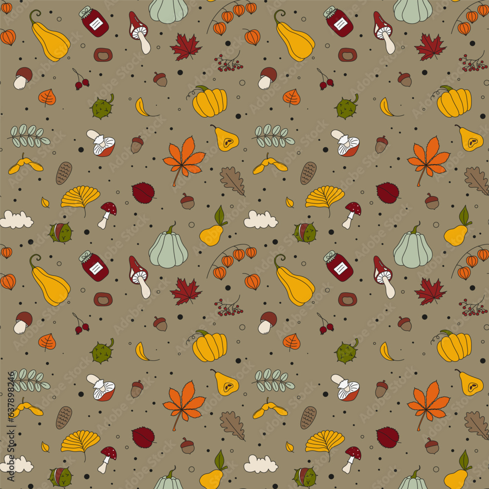Autumn seamless pattern in colorful doodle style. Simple Vector illustration Autumn seamless pattern in colorful doodle style. Simple Vector illustration