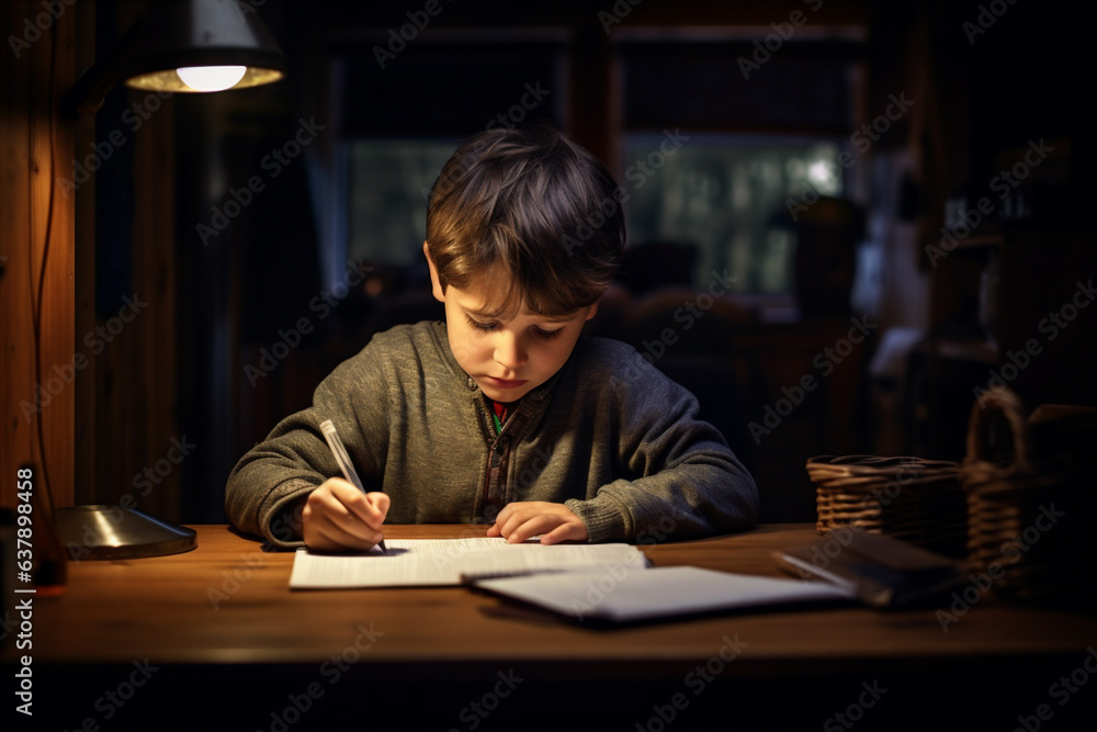 The child sits at the table and does homework. The child sits at the table and does homework.