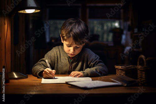 The child sits at the table and does homework. 