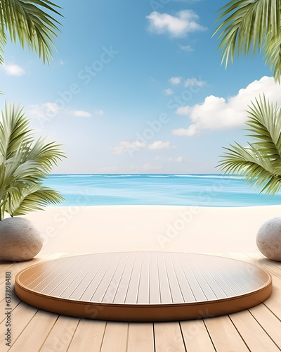 3D rendering summer product display podium with sea and sky blue background