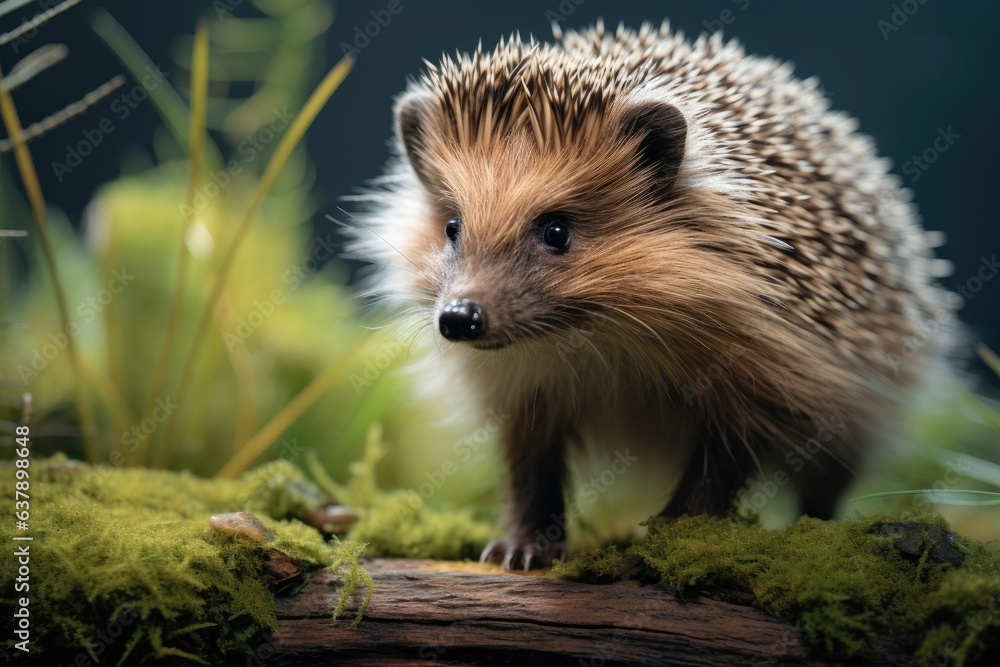 Naklejka premium Cute adult hedgehog in summer or autumn forest. Young beautiful hedgehog in natural habitat, outdoors in nature.
