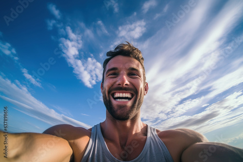 Fitness man taking a fun selfie against the sky