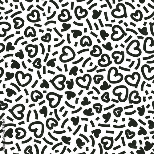 Bold shapes love heart seamless pattern illustration. Vector simple romantic repeatable background. Black and white wallpaper.