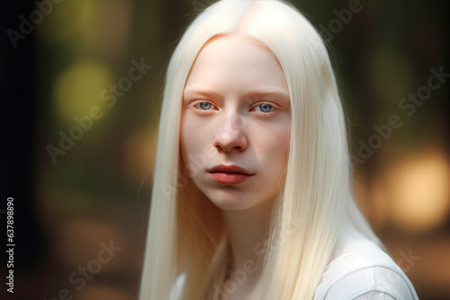 Portrait of an albino woman with long hair, summer