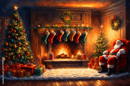 Weihnachtsmann, Santa Claus, sitzt am Kamin umgeben von Geschenken und einem Christbaum.