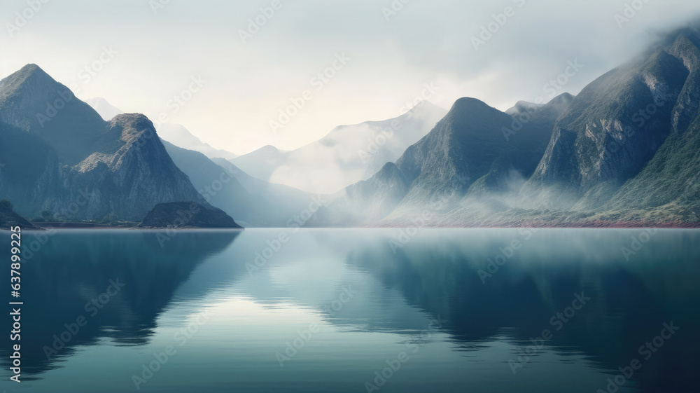Mountain landscape, river, coast, fog, lake, minimalism