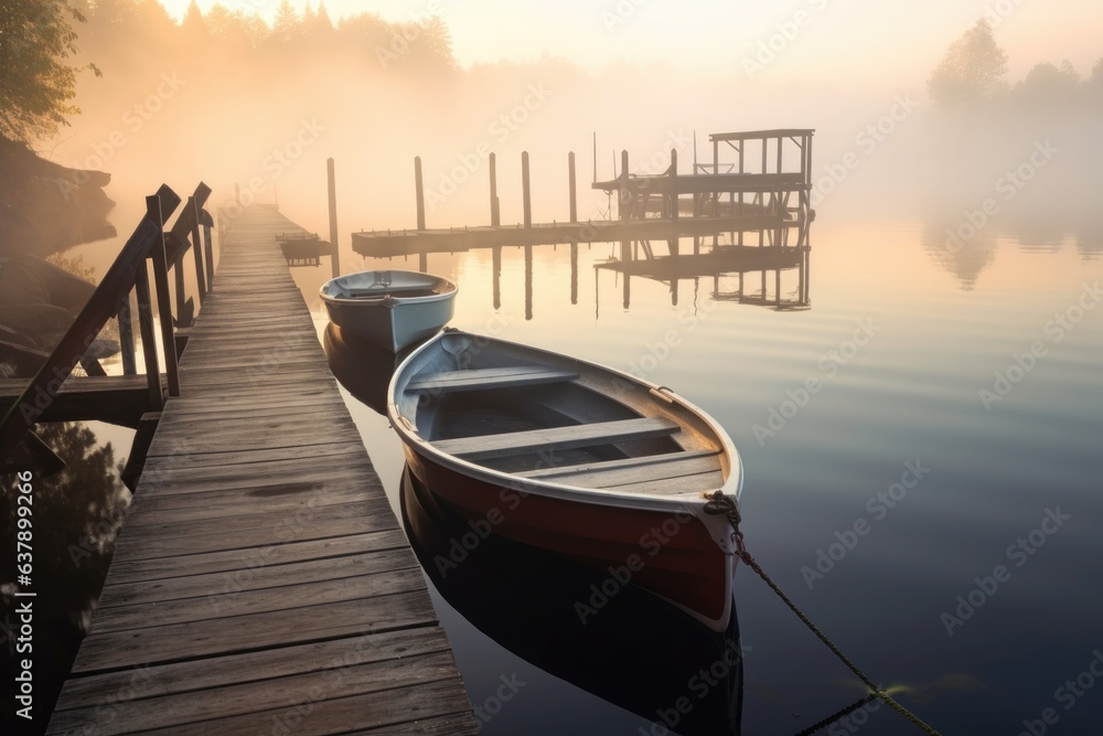 rowboats in foggy morning light by a serene lake dock