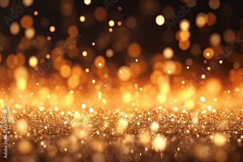 Gold bokeh light background, Christmas glowing bokeh confetti and sparkle texture overlay for your design. Sparkling gold dust abstract golden luxury decoration background.
