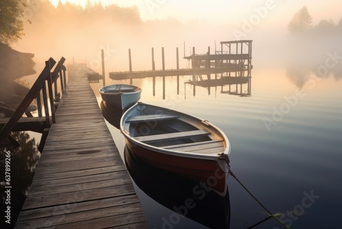 rowboats in foggy morning light by a serene lake dock