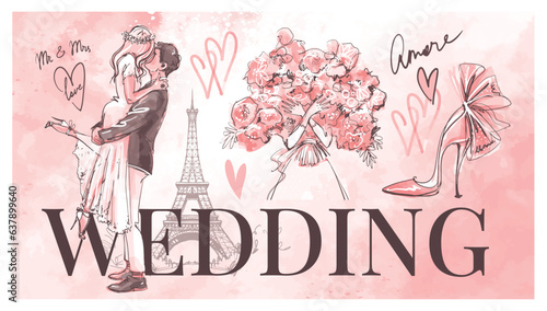 Wedding poster with a couple in a love kiss, a bride with a bouquet, accessories and decor with text. Modern sketchy pink watercolor graphic design, vintage style. Vector hand drawn illustration.