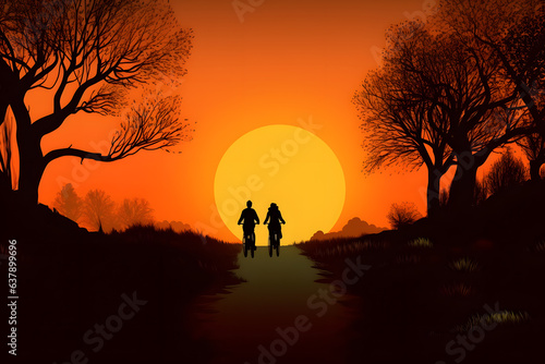 A couple riding bicycles on a countryside path  semi-silhouettes against the beautiful gradient of the sunset. Generative AI