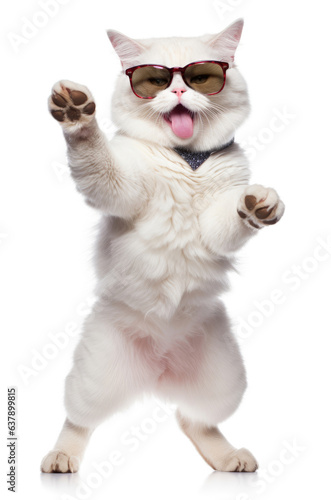 Jumping cat in sunglasses on a white background