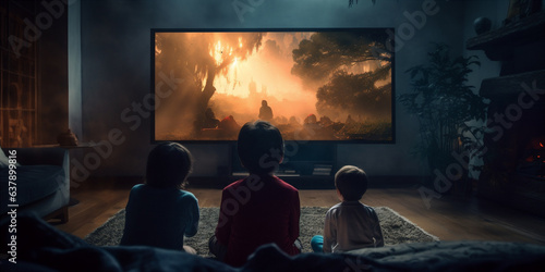 A child watching a movie on the couch with his family.  