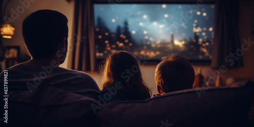 A child watching a movie on the couch with his family. 