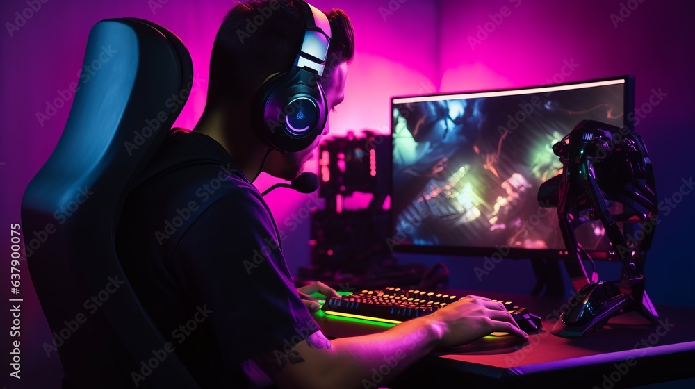 In headphones. Handsome gamer guy is sitting by his pc. Beautiful illustration picture. Generative AI In headphones. Handsome gamer guy is sitting by his pc. Beautiful illustration picture. Generative AI