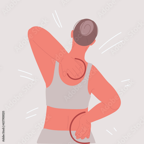 Vector illustration of back pain. Rear view woman