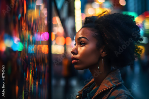 African American girl walking through a vibrant cityscape, her face partly illuminated by the reflections of colorful billboards, showcasing awe and excitement. Generative AI