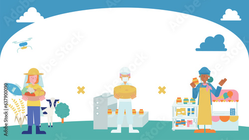6次産業に従事する人物をまとめた一枚のイラスト（フラット）