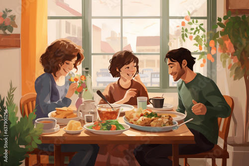 A family gathered around a table. 