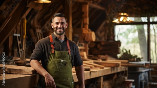 Happy carpenter man in apron. Beautiful illustration picture. Generative AI