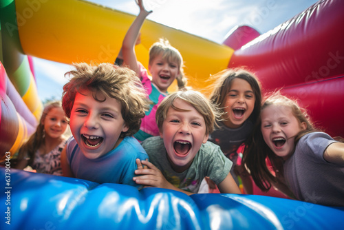 A group of children playing in a bouncy castle.   photo