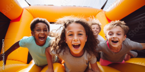 A group of children playing in a bouncy castle.  