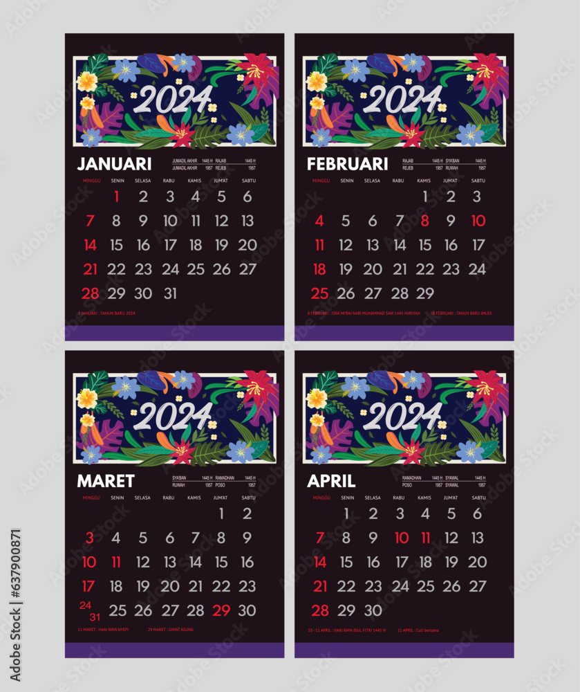 Indonesian Desk Calendar 2024, Januari April 2024 template set with